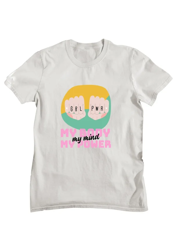 T-shirt with "More Power to Girls" feminist graphic print.