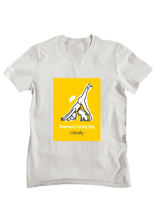 Half sleeve t-shirt with "Yoga and Dog" graphic print, pet lover.