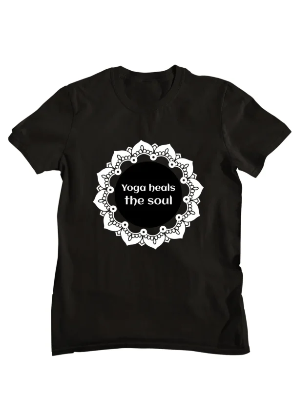 T-shirt with "Yoga Heals The Soul" inspirational graphic print.