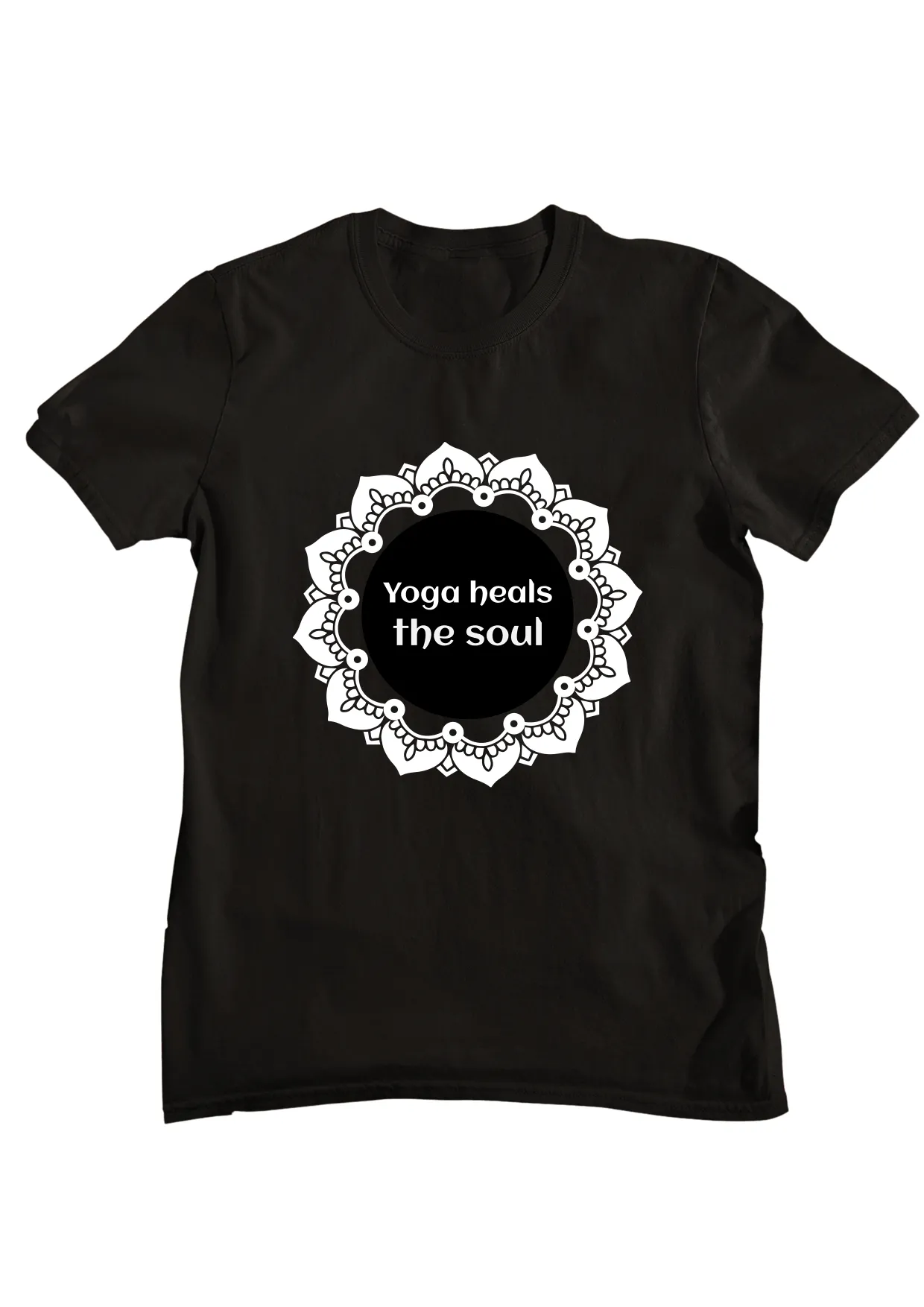 T-shirt with "Yoga Heals The Soul" inspirational graphic print.